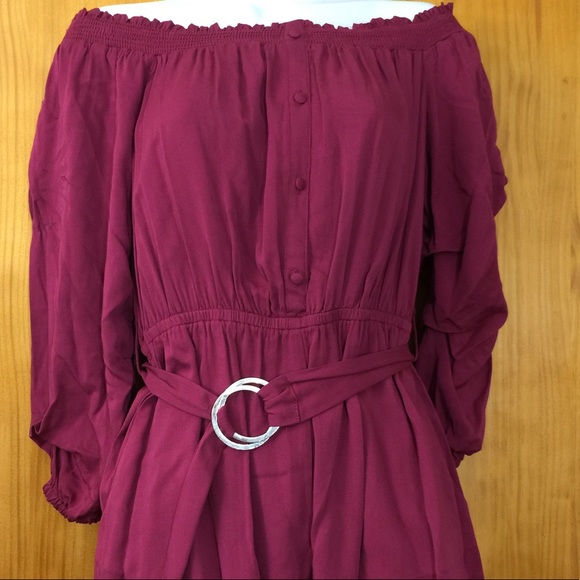 New Wine Off the Shoulder Belted Romper - Picture 3 of 5